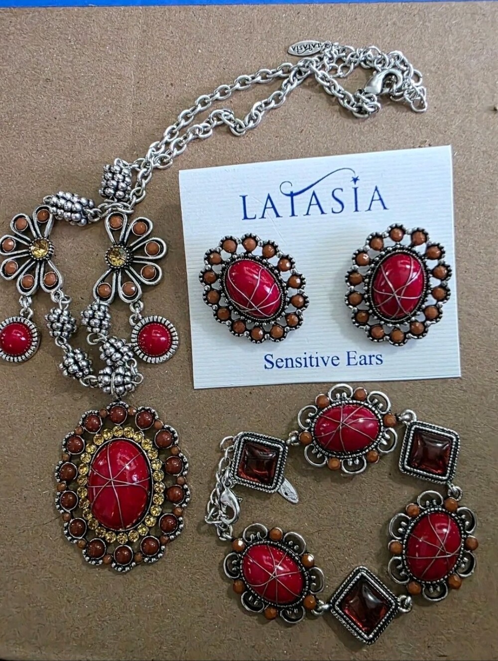 LaTasia Red and Orange Stone Jewelry Set - Necklace, Bracelet & Earrings